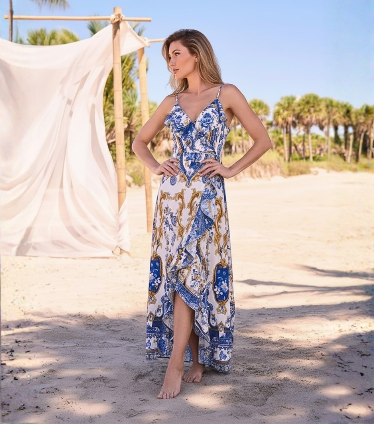 Azure Porcelain Ruffle Wrap Maxi