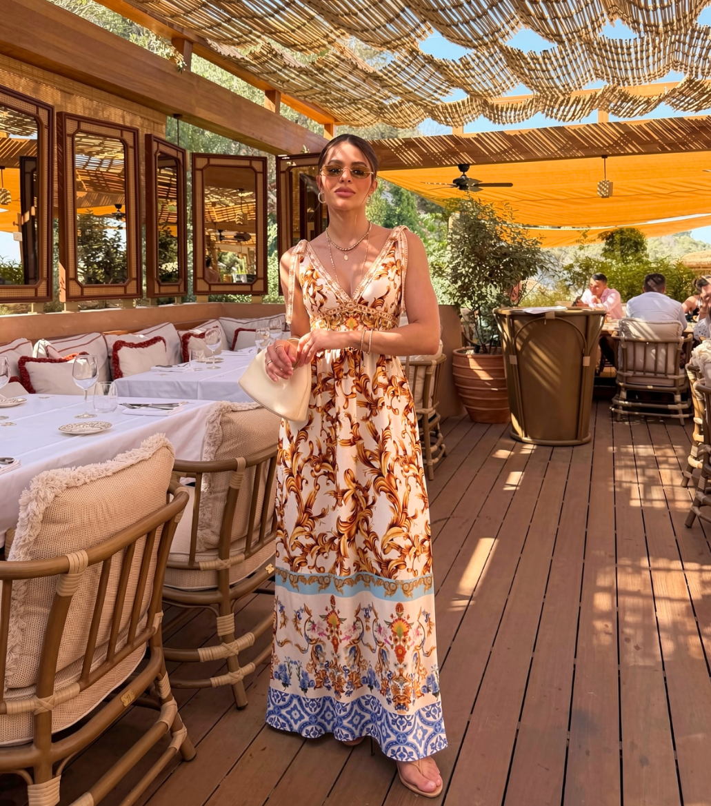 Gold Baroque-print lace-up V-neck maxi dress