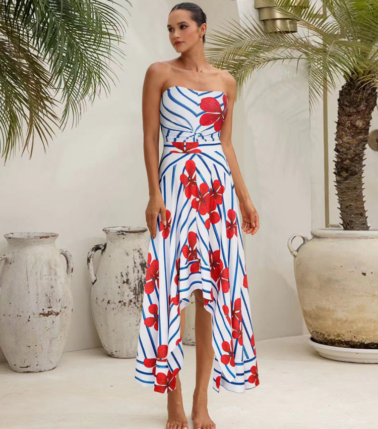 Off Shoulder Print One Piece Swimsuit and Skirt