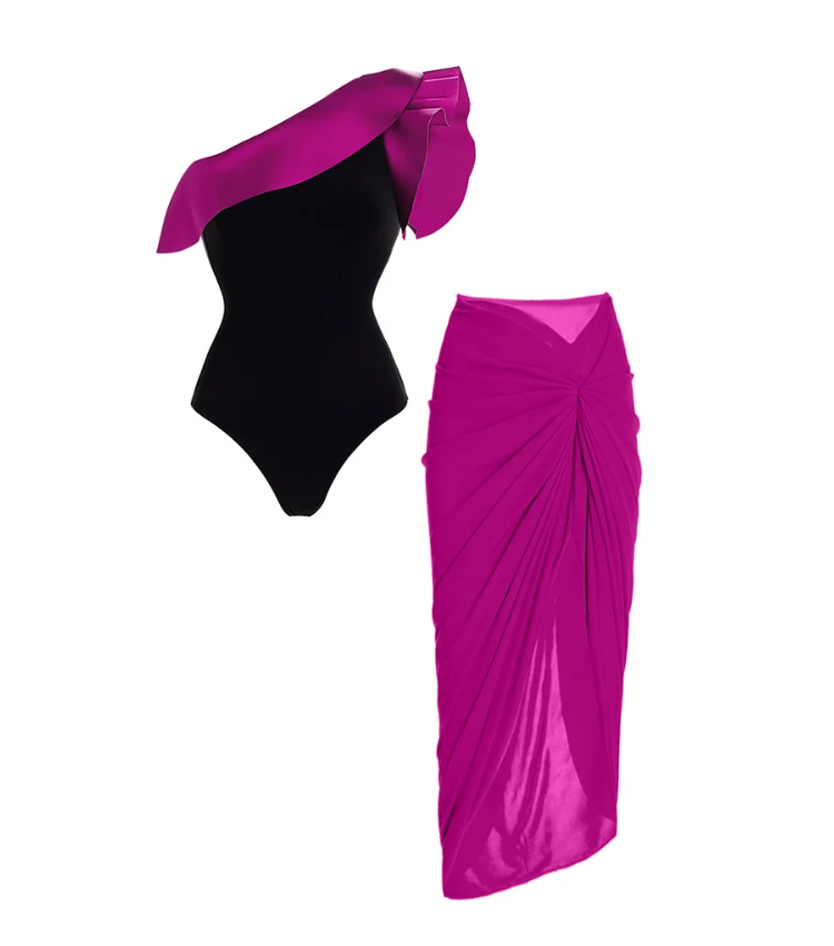 One Shoulder Ruffle Color Block One Piece Swimsuit and Sarong Flaxmaker