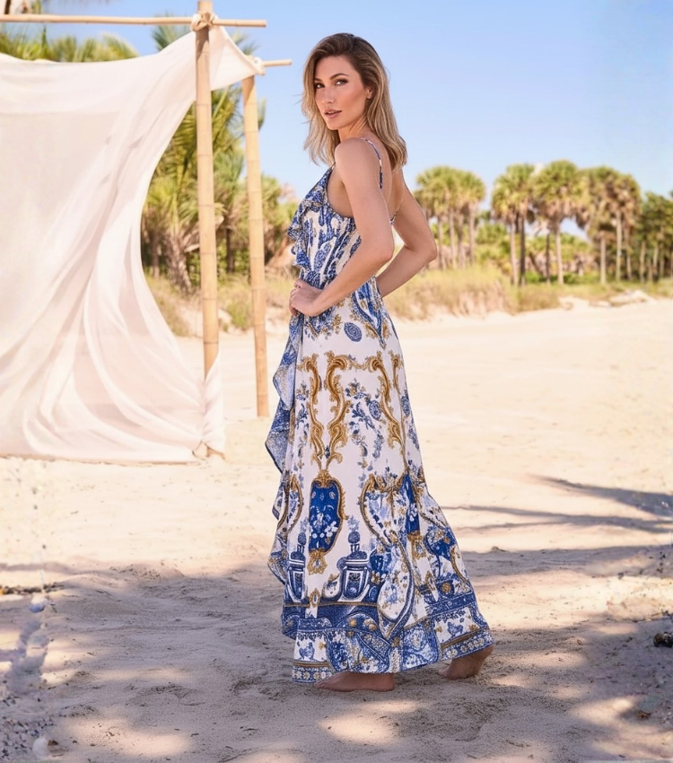 Azure Porcelain Ruffle Wrap Maxi