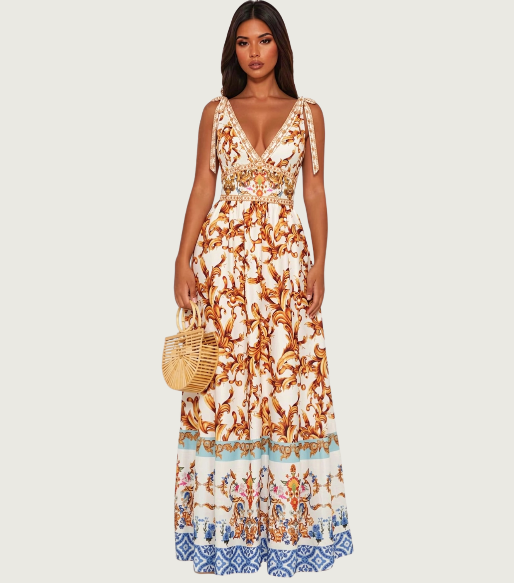 Gold Baroque-print lace-up V-neck maxi dress