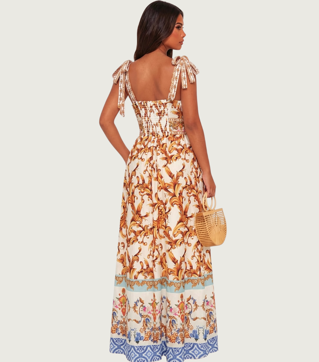 Gold Baroque-print lace-up V-neck maxi dress