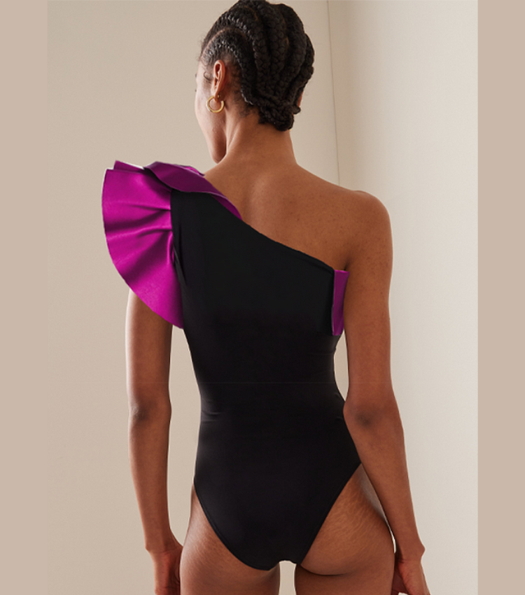 One Shoulder Ruffle Color Block One Piece Swimsuit and Sarong Flaxmaker