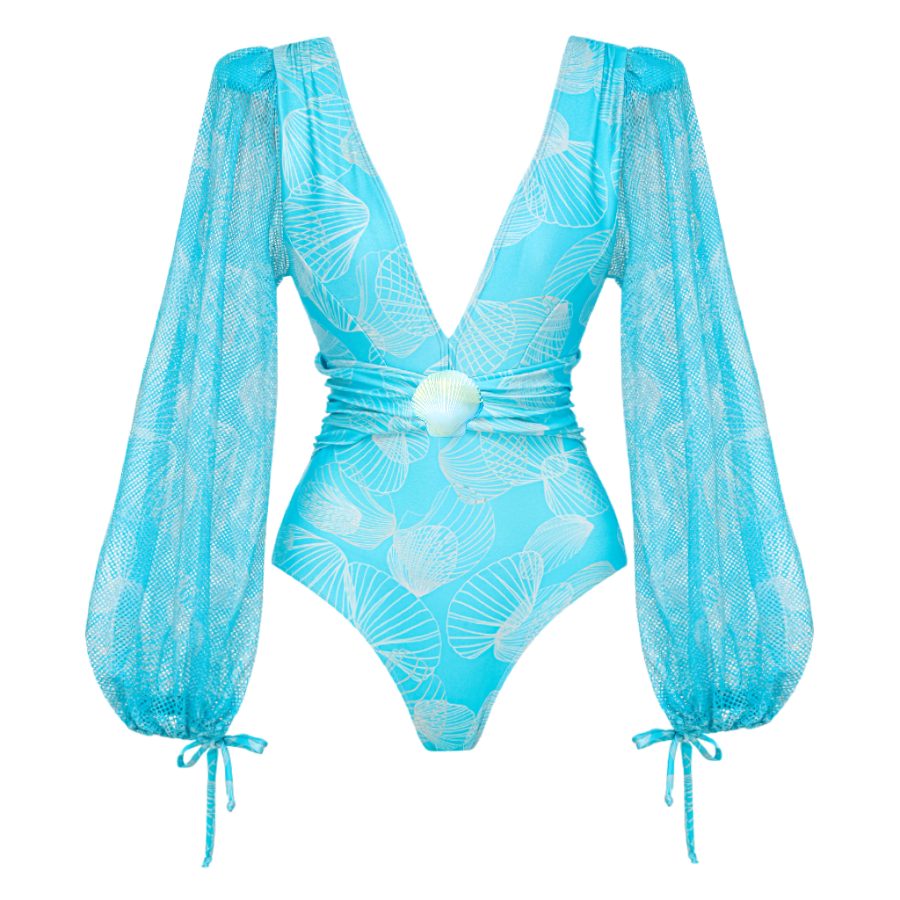 Mesh Splicing Long-sleeved Shell Print One Piece Swimsuit and Skirt