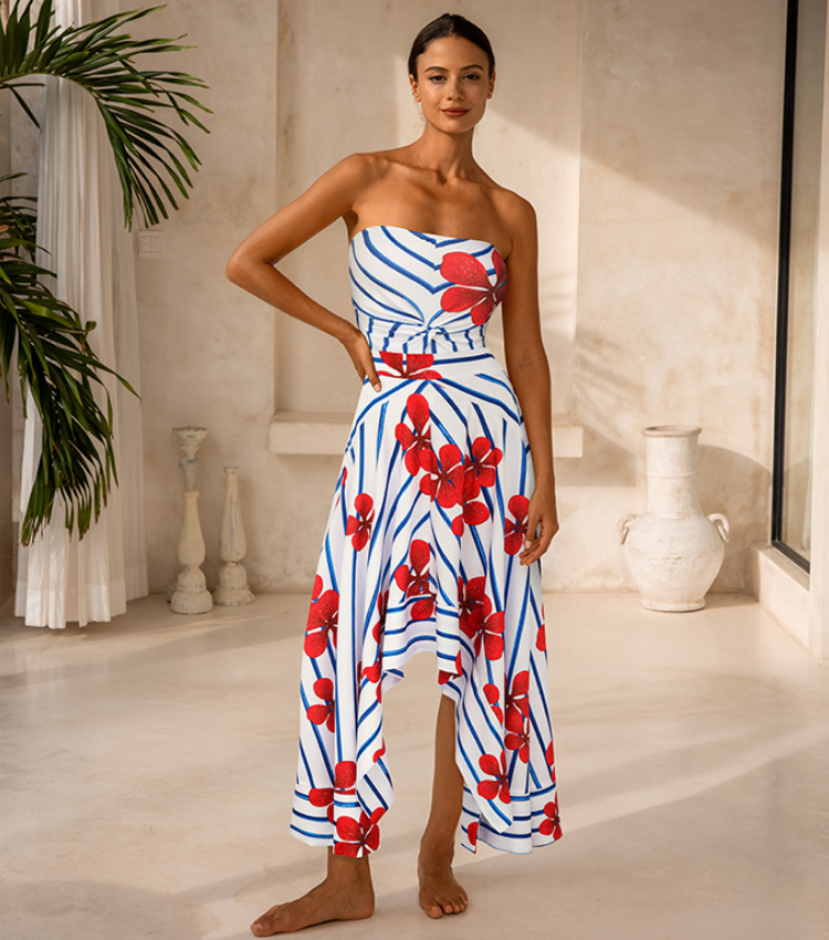 Off Shoulder Print One Piece Swimsuit and Skirt