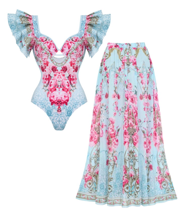 Ruffled Blue Blooming Flowers Print One Piece Swimsuit and Skirt