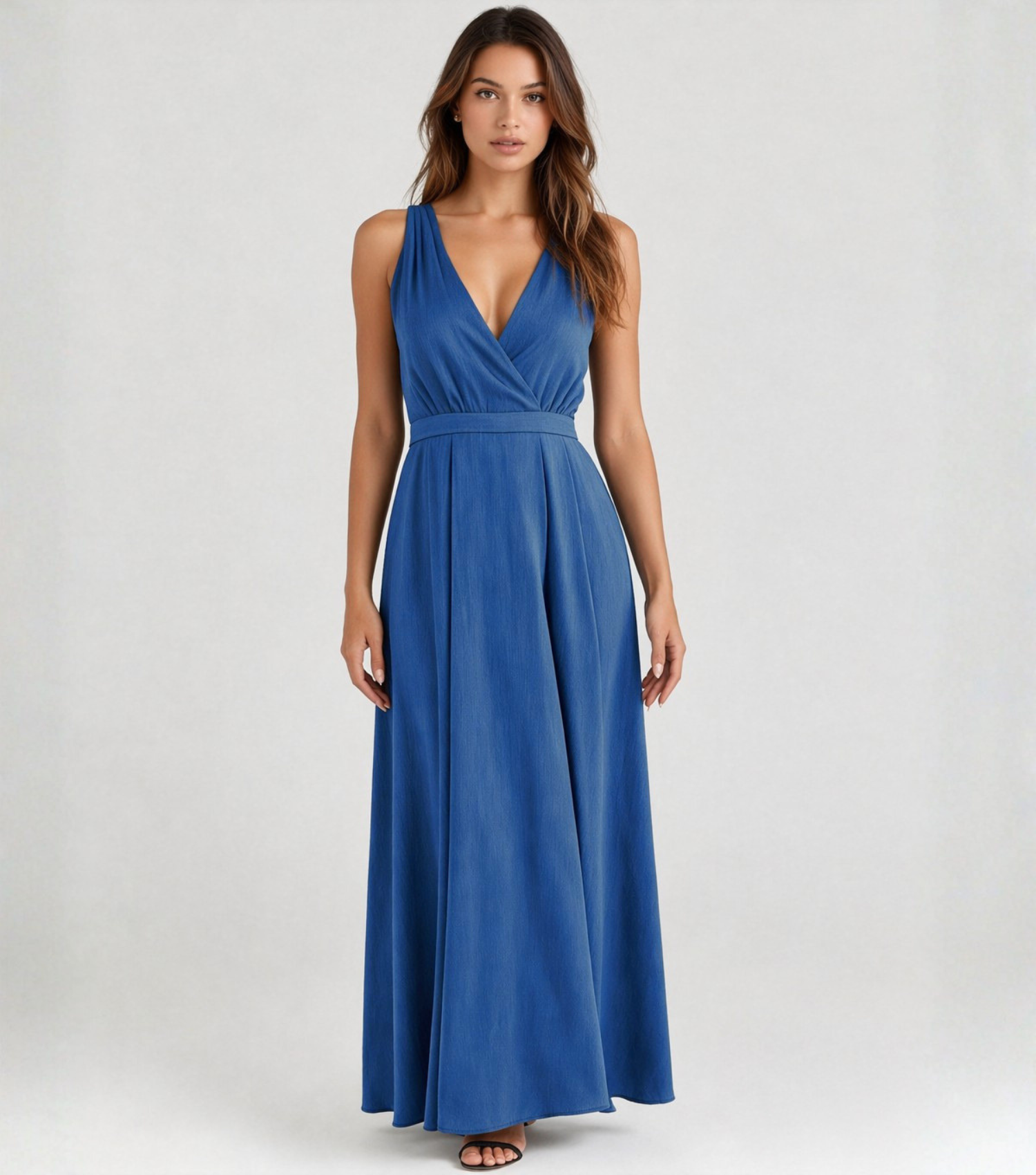 Solid Blue V-Neck A-Line Maxi Dress