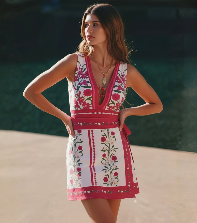 V Neck Bead Accents  Wine Red Floral Print Swimsuit Set(s)