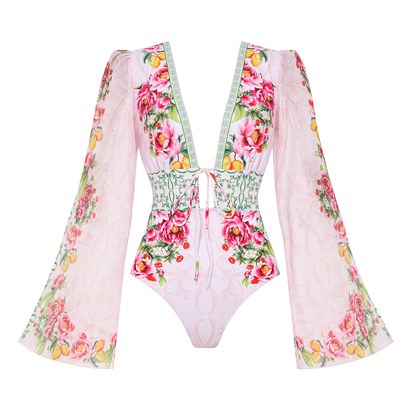 Long sleeves Bow-tie Lemon Floral Pattern Print One Piece Swimsuit and Skirt