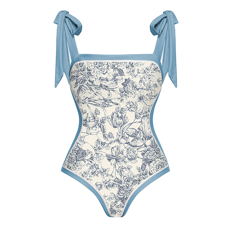 Flaxmaker Blue Reversible Bowknot Tie-shoulder One Piece Swimsuits and Sarong