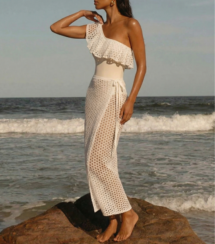 White Openwork Mesh Ruffles Swimsuit Set(s)