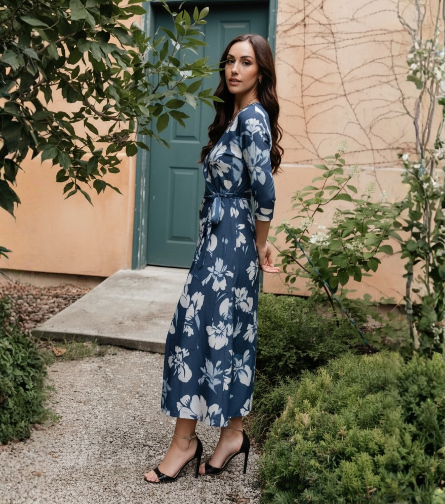 Navy Floral Wrap Midi Dress