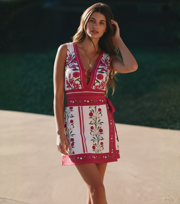 V Neck Bead Accents  Wine Red Floral Print Swimsuit Set(s)
