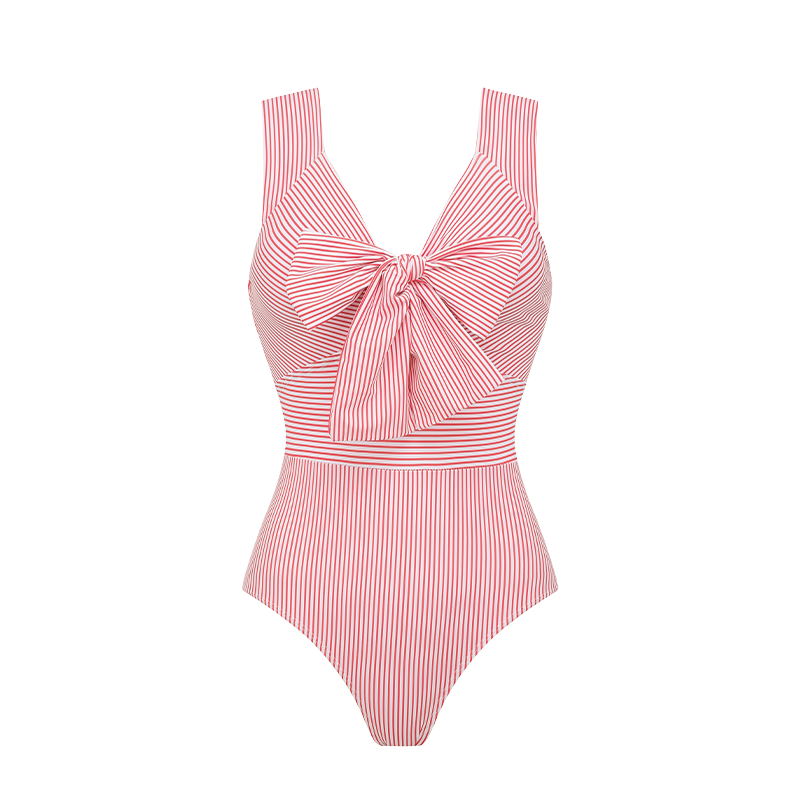 Bowknot Striped Print One Piece Swimsuit and Skirt