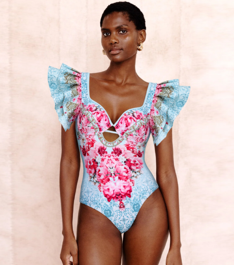 Ruffled Blue Blooming Flowers Print One Piece Swimsuit and Skirt