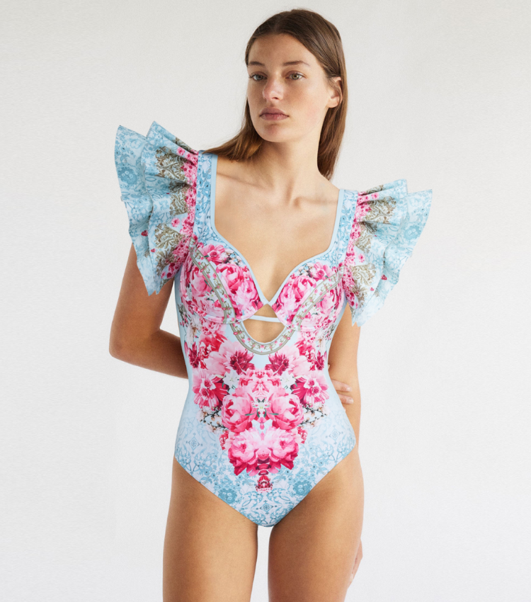 Ruffled Blue Blooming Flowers Print One Piece Swimsuit and Skirt