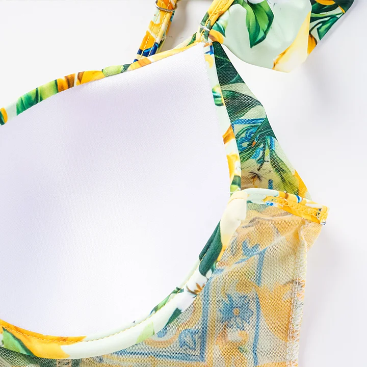 Ruffle Starp Push Up Lemon Print One Piece Swimsuit and Mesh Panel Sarong Flaxmaker