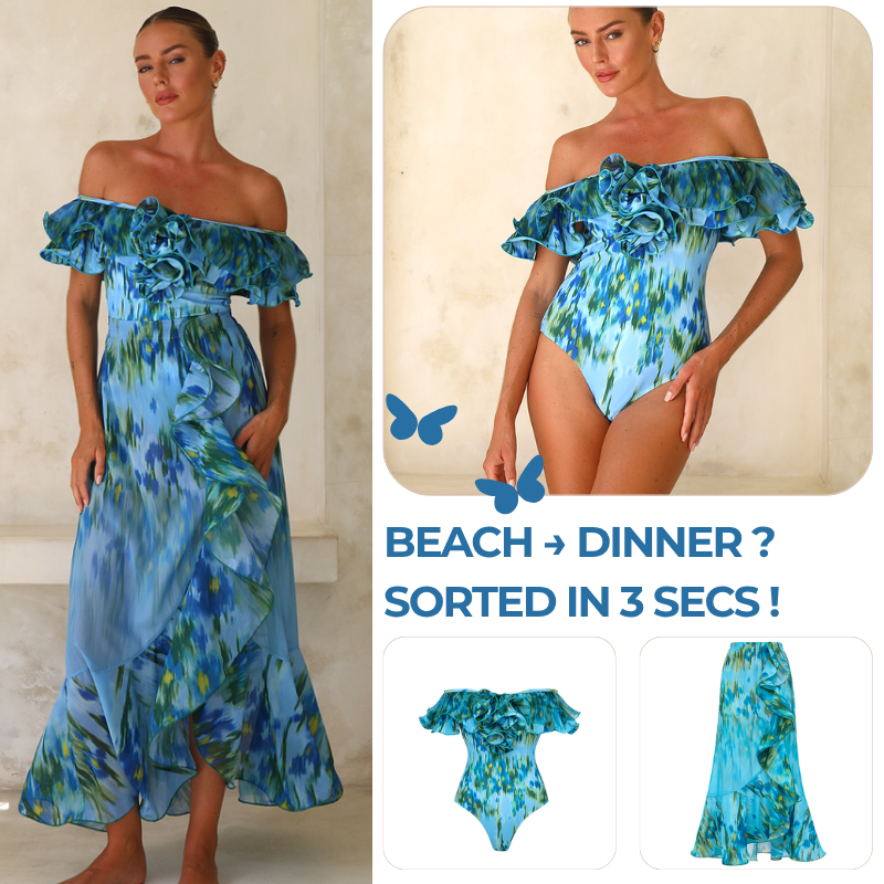 Removable Shoulder Strap Off Shoulder Ruffle Abstract Pattern Print One piece Swimsuit and Skirt