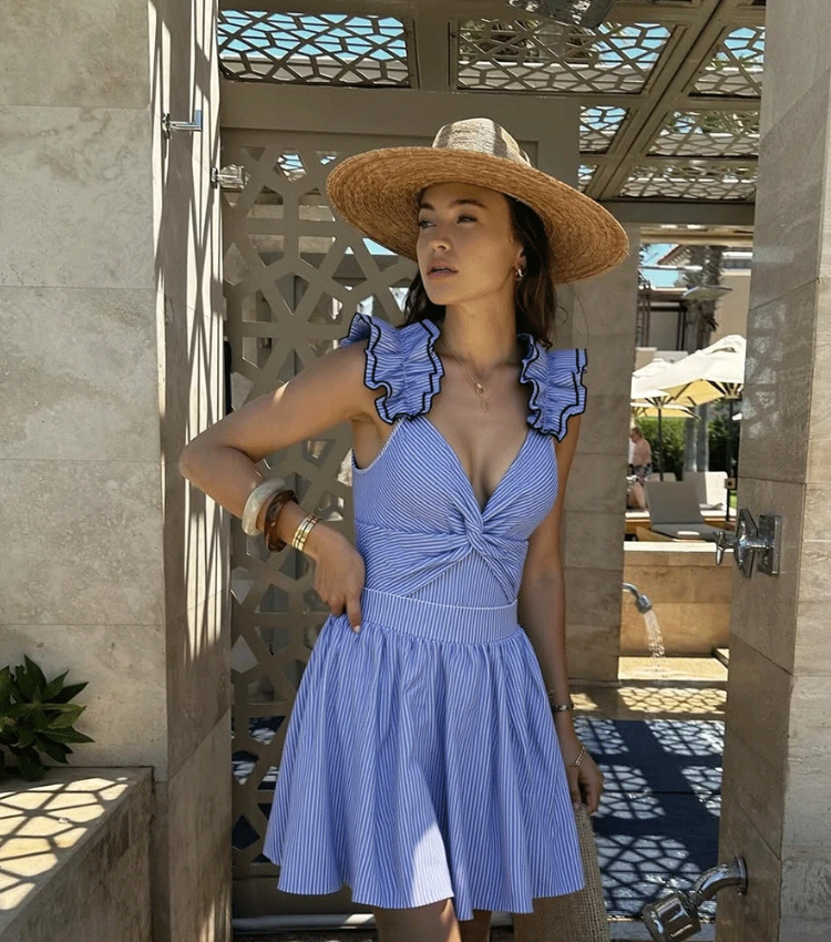 Adjustable Shoulder Strap Double Ruffle Blue Stripes Print One Piece Swimsuit and Skirt