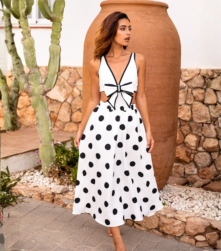 3D Bow Decor Black and White One Piece Swimsuit and Skirt