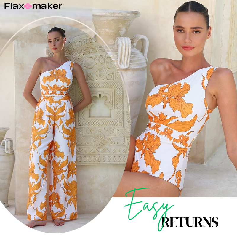 One Shoulder Iris Print One Piece Swimsuit and Pants