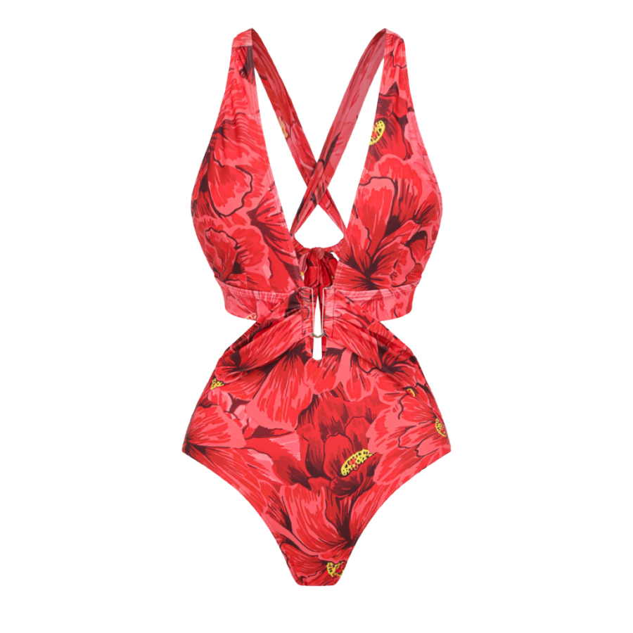 Blooming Red Flower Print Cut Out One Piece Swimsuit and Skirt