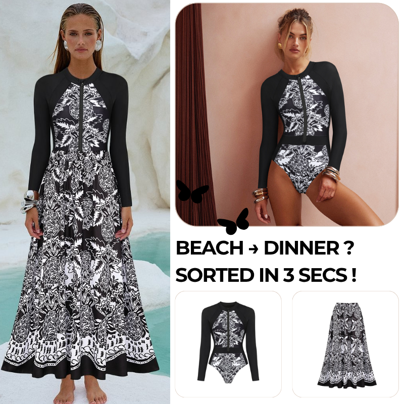 Color Block Printed Long Sleeve One Piece Surf Swimsuit and Skirt