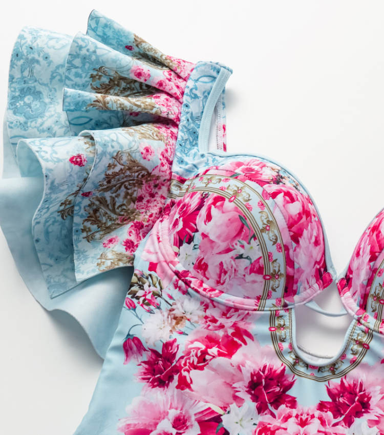 Ruffled Blue Blooming Flowers Print One Piece Swimsuit and Skirt