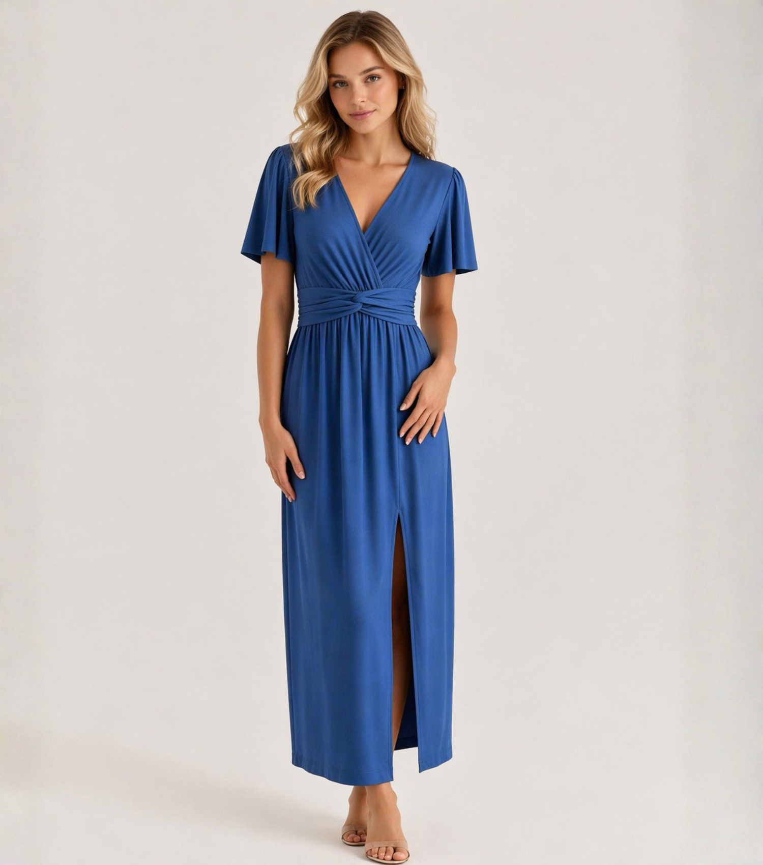 Solid Blue Twist-Waist Slit Midi Dress