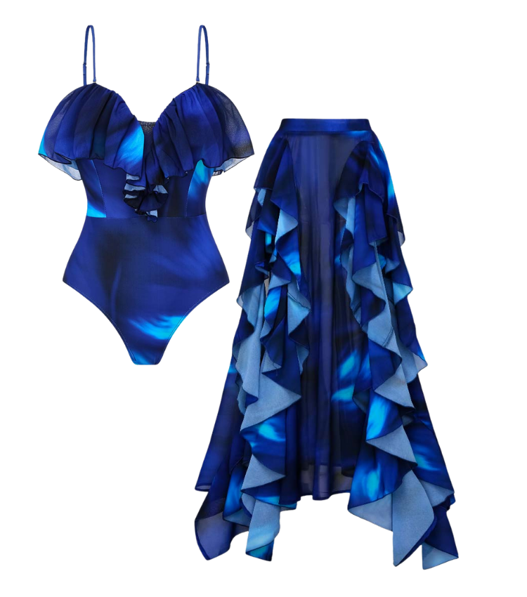 Blue Blooming Ruffle One Piece Swimsuit and Skirt
