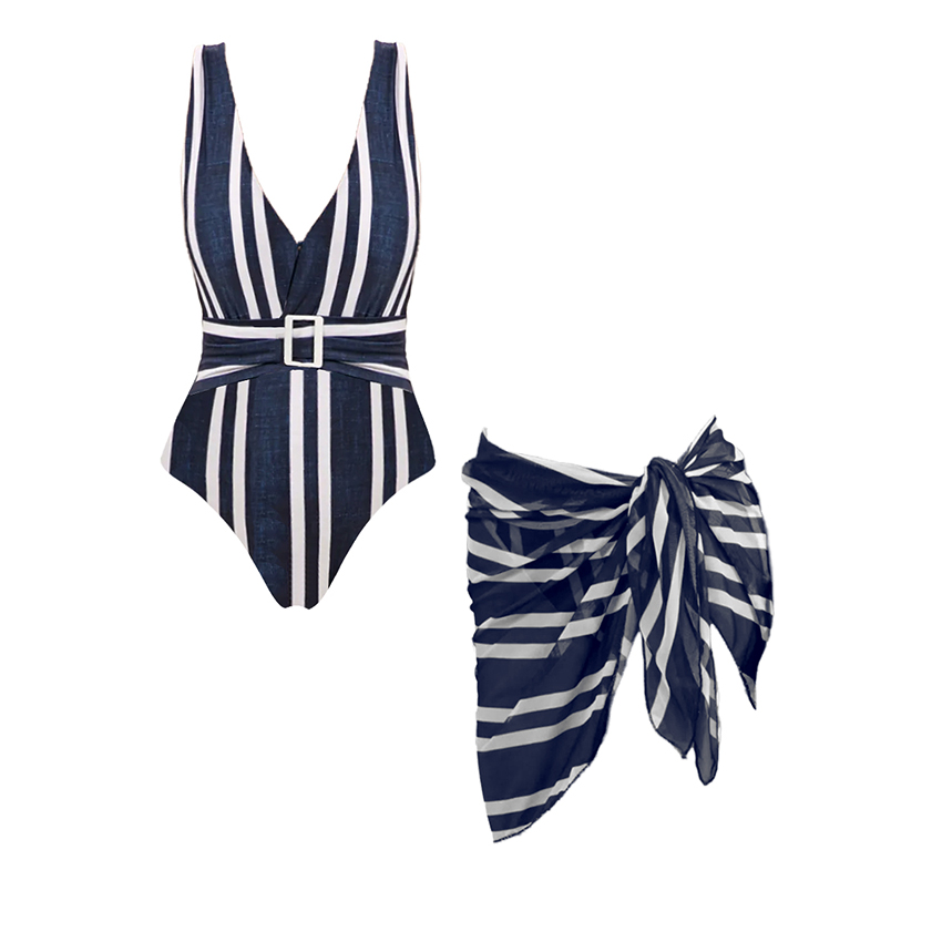 V Neck Blue Striped Print Swimsuit Set(s)