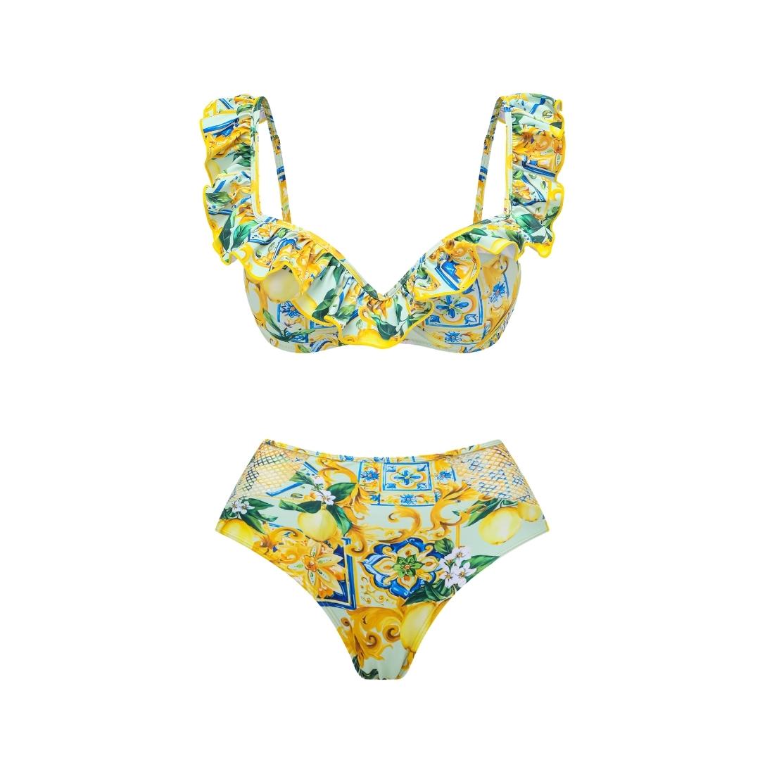 Lemon Print Ruffle Strap Bikini Swimsuit and Mesh Splicing Sarong Flaxmaker