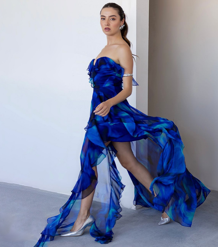 Blue Blooming Ruffle One Piece Swimsuit and Skirt