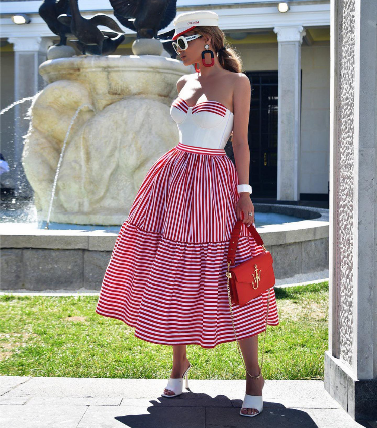 Bandeau Striped Print One Piece Swimsuit and Skirt