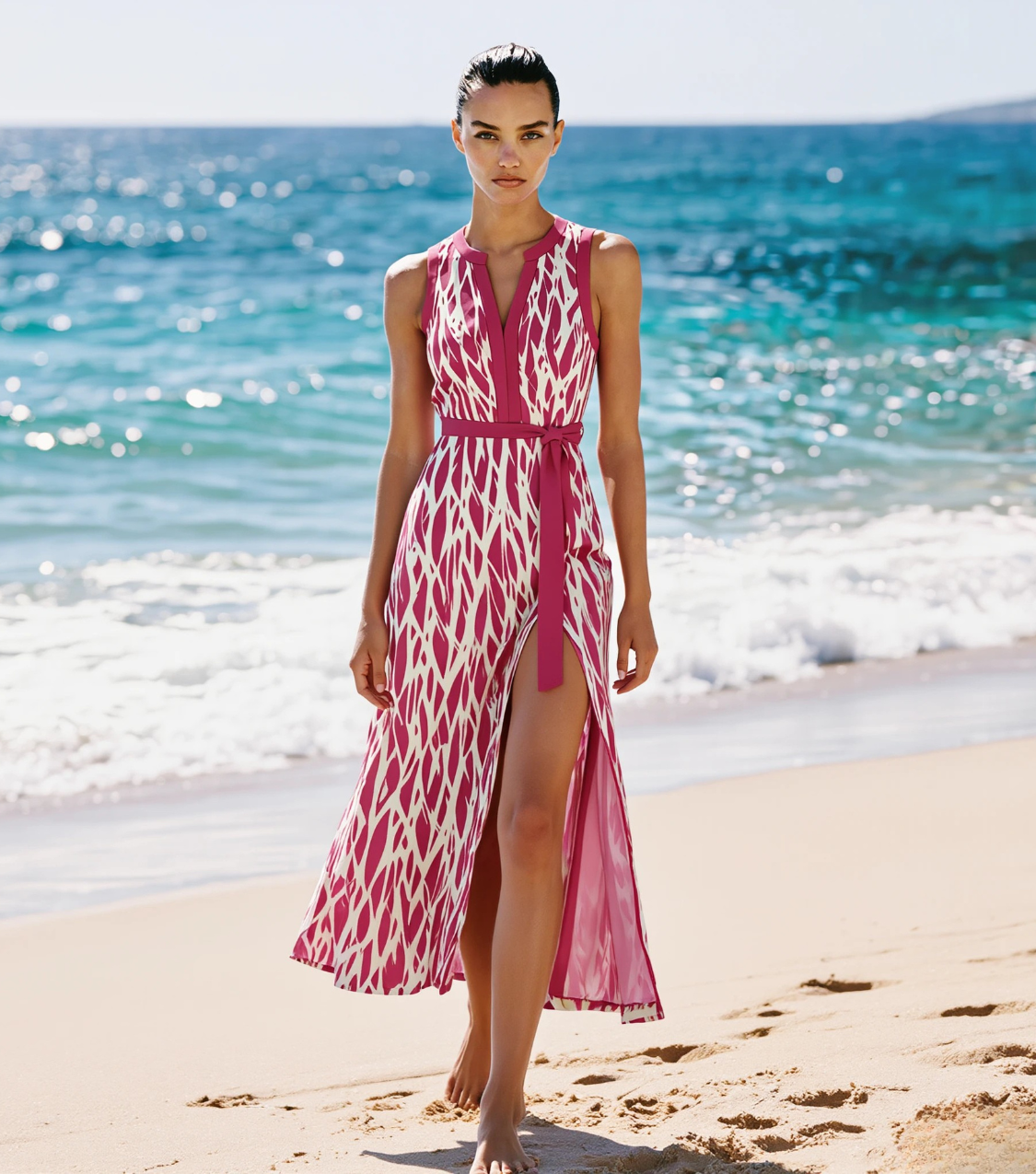 Pink Branch Print Belted Sleeveless Maxi Dress