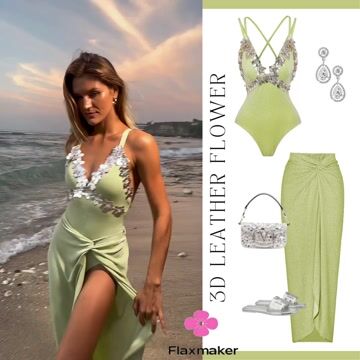 3D Leather Flower V-neck Cross Straps Shimmering Fabric One Piece Swimsuit and Sarong