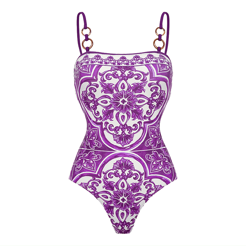 Sling Classic Majolica Series Pattern Print One Piece Swimsuit and Skirt or Shorts