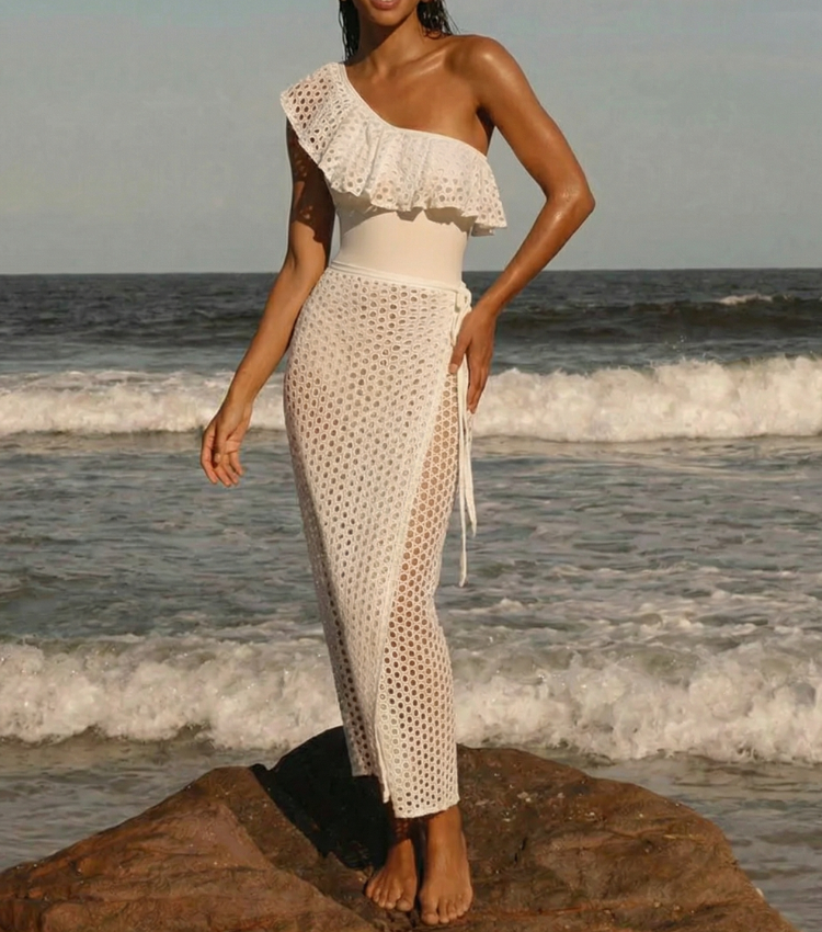 White Openwork Mesh Ruffles Swimsuit Set(s)