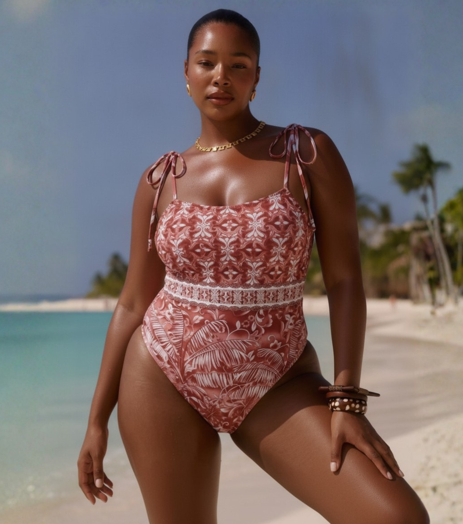 Plus Size Tie-up Retro Forest Print One Piece Swimsuit and Skirt