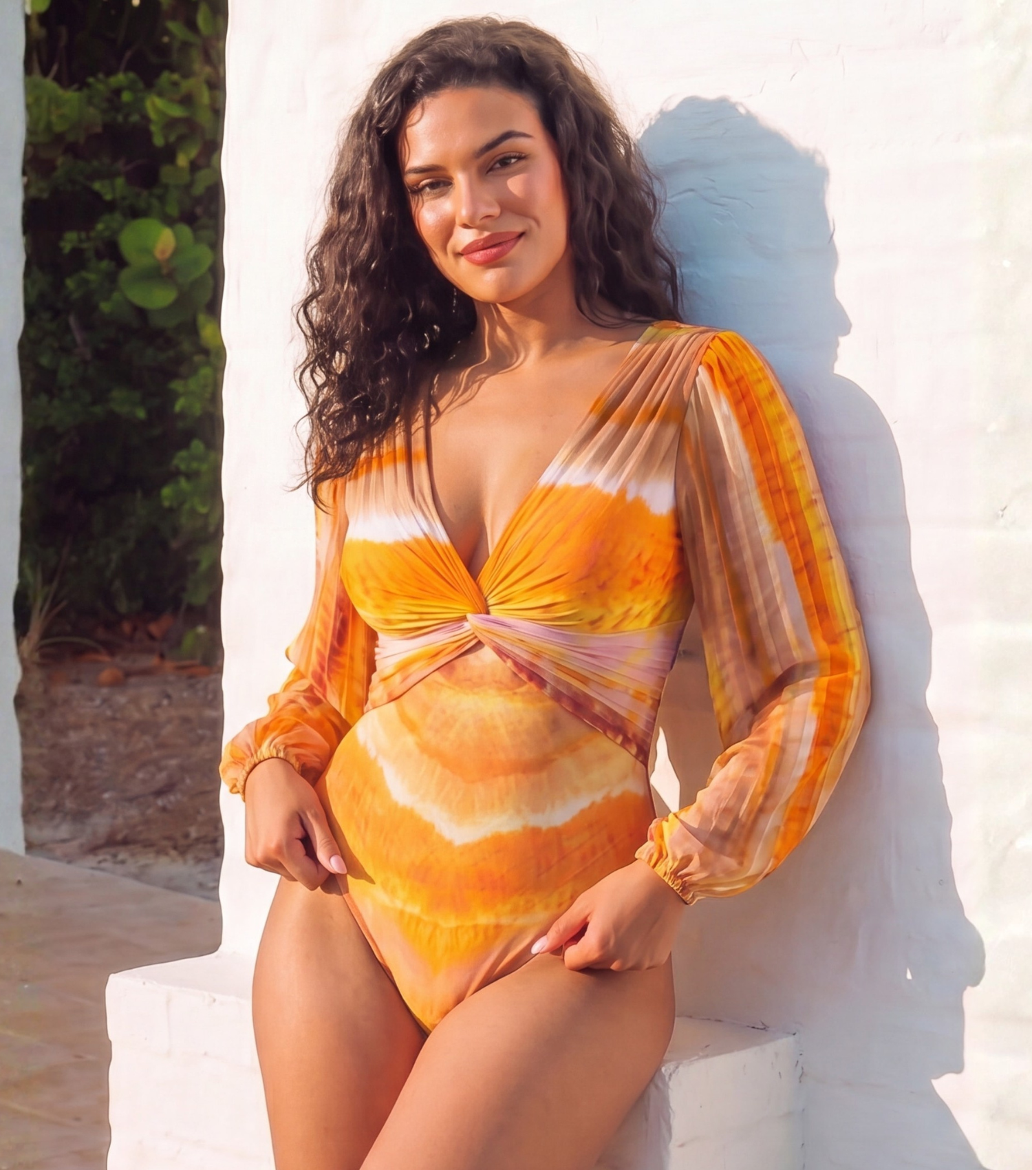 Plus Size V Neck Chiffon Long Sleeve Orange One Piece Swimsuit and Skirt Flaxmaker