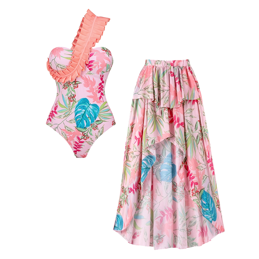 One Shoulder Floral Print One Piece Swimsuit and Skirt Flaxmaker