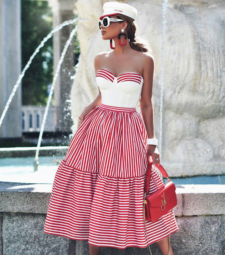 Bandeau Striped Print One Piece Swimsuit and Skirt