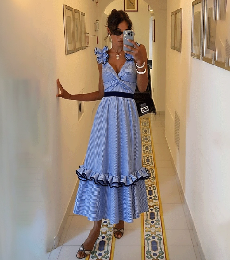 Adjustable Shoulder Strap Double Ruffle Blue Stripes Print One Piece Swimsuit and Skirt