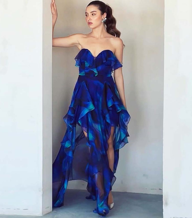 Blue Blooming Ruffle One Piece Swimsuit and Skirt