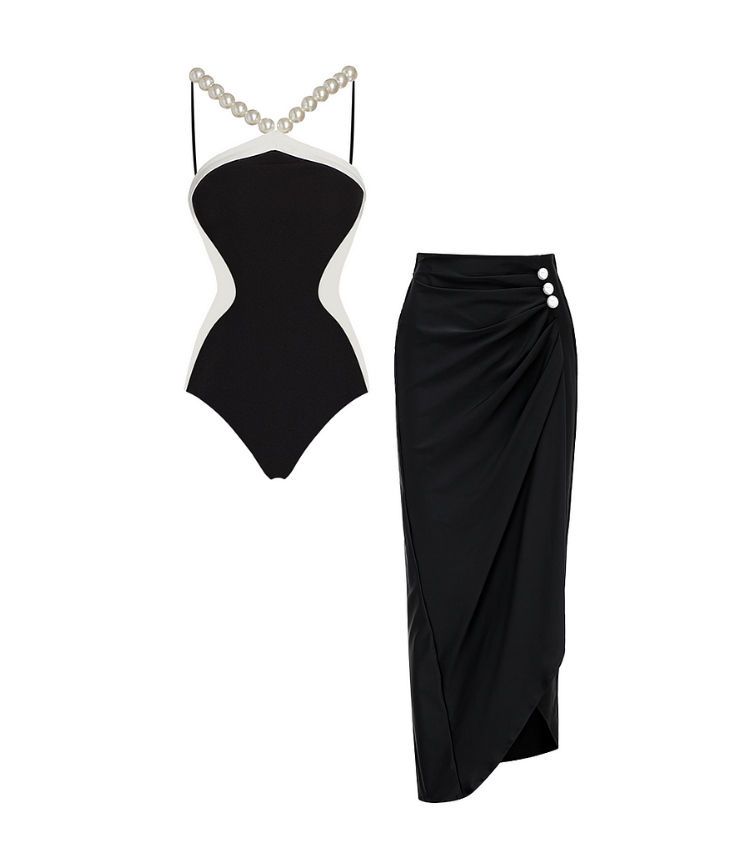 Halter Artificial Pearl Chain One Piece Swimsuit and Skirt Flaxmaker