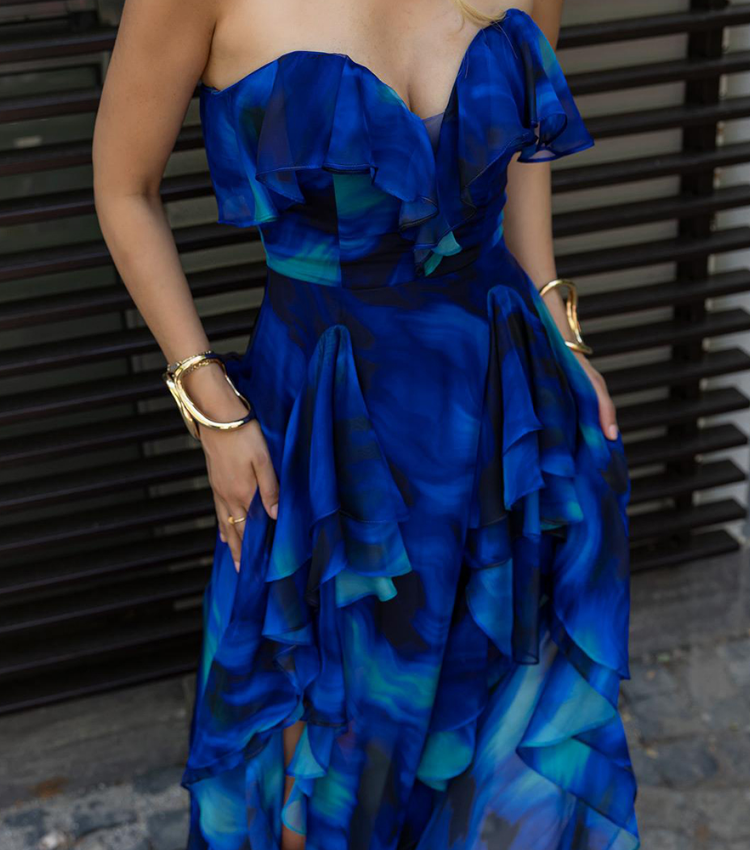 Blue Blooming Ruffle One Piece Swimsuit and Skirt