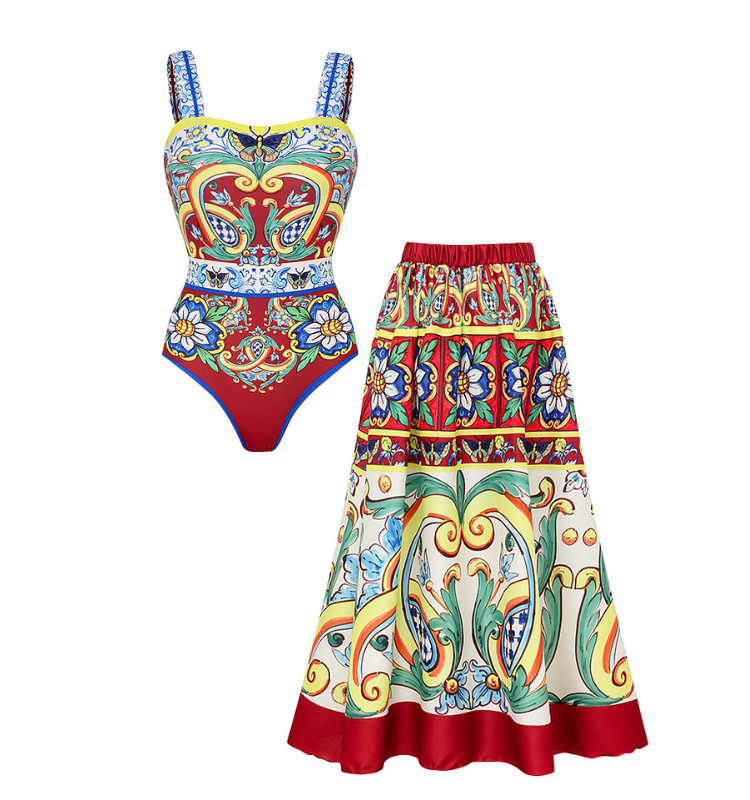 Sling Printed One Piece Swimsuit and Skirt Flaxmaker