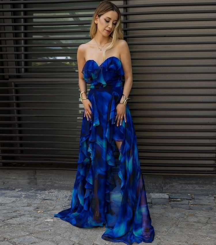 Blue Blooming Ruffle One Piece Swimsuit and Skirt