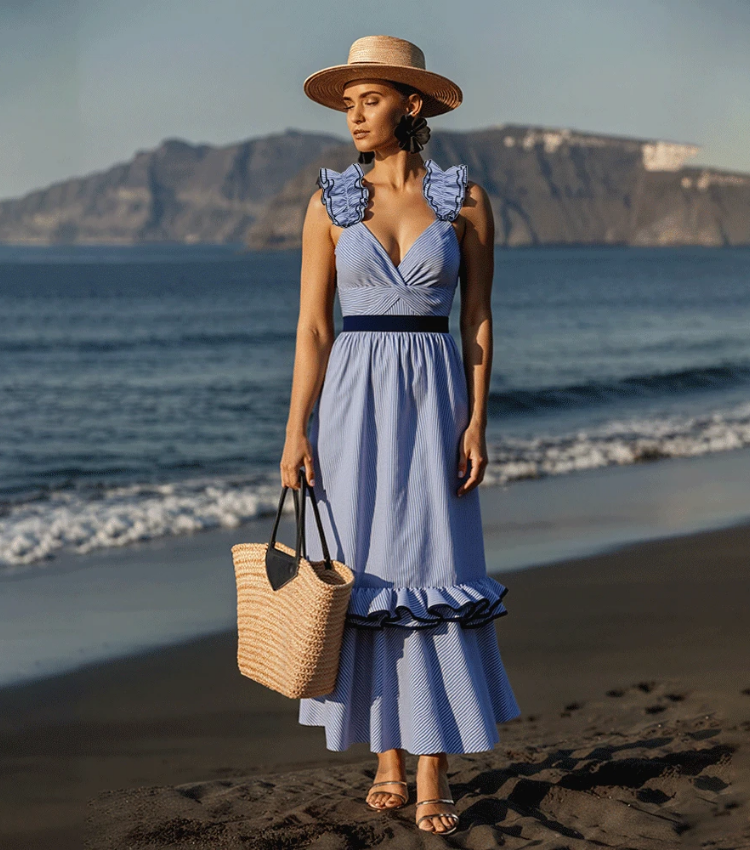 Adjustable Shoulder Strap Double Ruffle Blue Stripes Print One Piece Swimsuit and Skirt